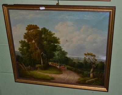 Lot 1213 - Hulme, naive oil, cattle on a country road, dated 1883 (a.f.)