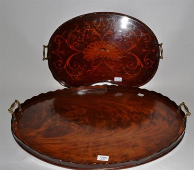 Lot 1298 - Large Edwardian oval mahogany tray and inlaid kidney shaped tray (a.f.)