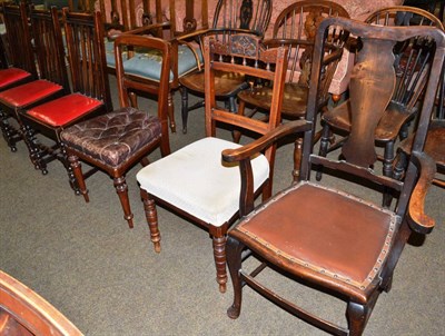 Lot 1310 - Four oak dining chairs, a button seat upholstered dining chair, an Edwardian dining chair and...