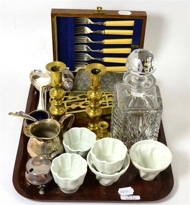 Lot 21 - A group of five Shelley porcelain jelly moulds, cut glass decanter, silver plated flatware,...