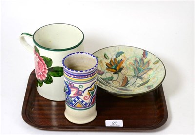 Lot 23 - Wemyss pottery tankard painted with cabbage roses, Poole pottery sleeve vase and a Denby bowl (3)