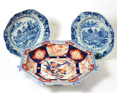 Lot 26 - An Imari decorated octagonal bowl and two Chinese 18th century blue and white bowls (3)