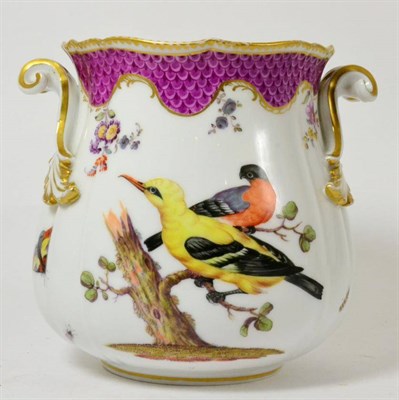 Lot 30 - A Meissen style cache pot painted with birds below a puce scale border, 17cm high