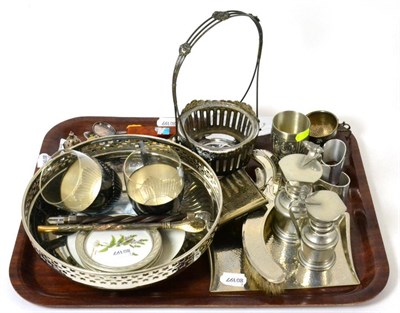 Lot 42 - Various plated wares and pewter including a WMF crumb tray and brush etc (qty)