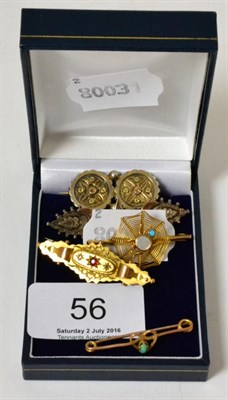 Lot 56 - A 9ct gold turquoise and mother-of-pearl set spiders web brooch together with an Edwardian 9ct gold