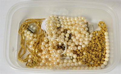 Lot 62 - A cultured pearl necklace, assorted pearl type and gilt jewellery