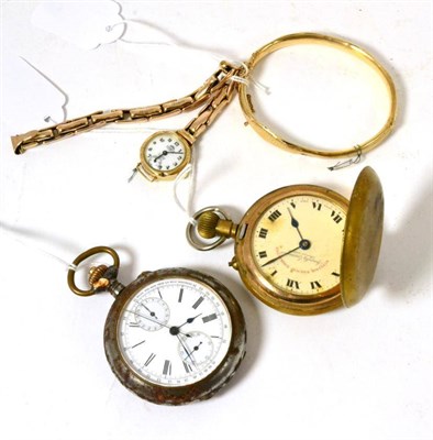 Lot 64 - A 9ct gold lady's wristwatch and a 9ct gold bangle together with two pocket watches (4)