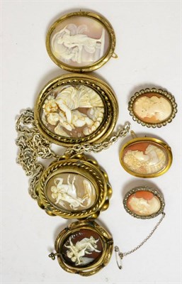 Lot 79 - A cameo brooch depicting Hebe or Liberty and six other cameo brooches