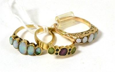 Lot 88 - Two five stone opal rings and a multi gemstone ring