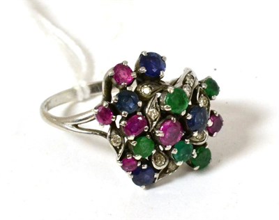 Lot 108 - A sapphire, diamond, ruby and emerald spray cluster ring