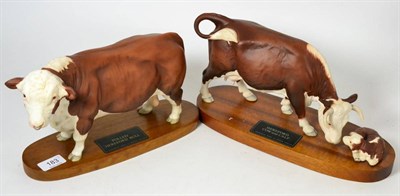 Lot 183 - Beswick Connoisseur Polled Hereford bull, model No. A2574, satin matt, on wood plinth; together...