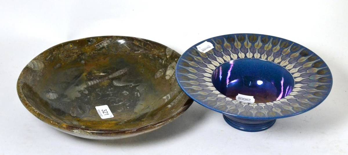 Lot 321 - Two Tobias Harrison lustre pottery bowls, Art Glass bowl and a fossilised bowl