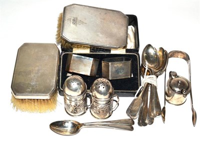 Lot 3 - A pair of silver mounted hand brushes, a pair of silver napkin rings, silver teaspoons, a...
