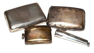 Lot 9 - A 9ct gold mounted cheroot holder in silver case, together with two silver cigarette cases and...