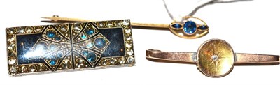 Lot 24 - A sapphire bar brooch stamped 9ct, a diamond set bar brooch stamped 9ct and another brooch (3)