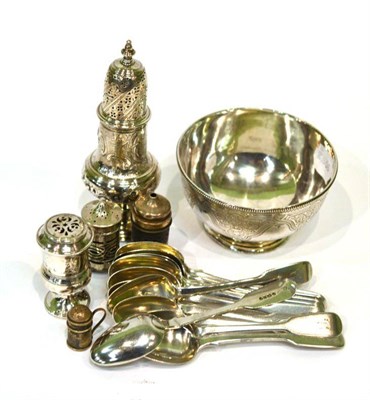 Lot 37 - A silver bowl, a silver sugar caster, three silver peppers, a silver salt and eleven silver...