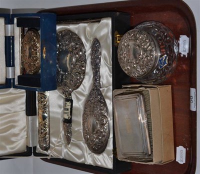 Lot 58 - A silver backed hair brushes, silver topped jars etc