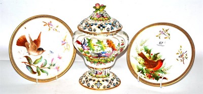 Lot 67 - Two Royal Worcester bird decorated cabinet plates and a Samson style pot pourri vase and cover,...