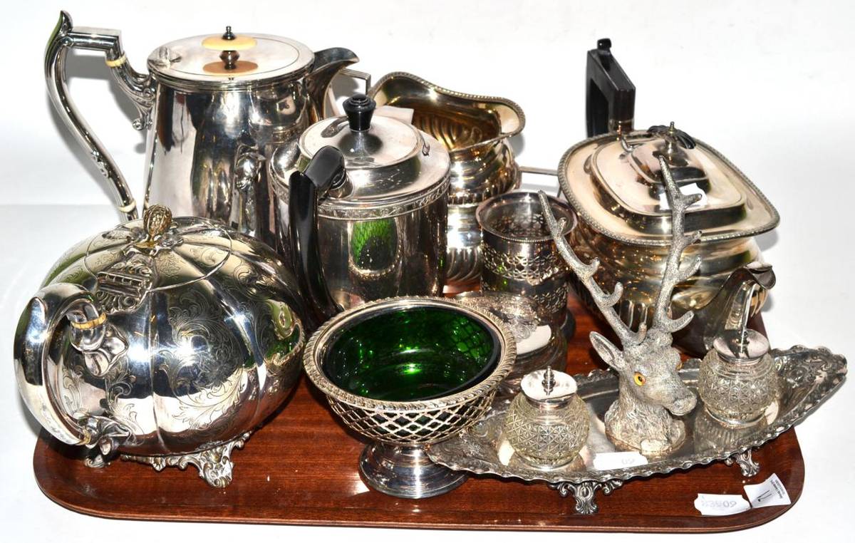 Lot 71 - A James Dixon & Sons silver plated twin inkwell centred by a stags head and other silver plate...