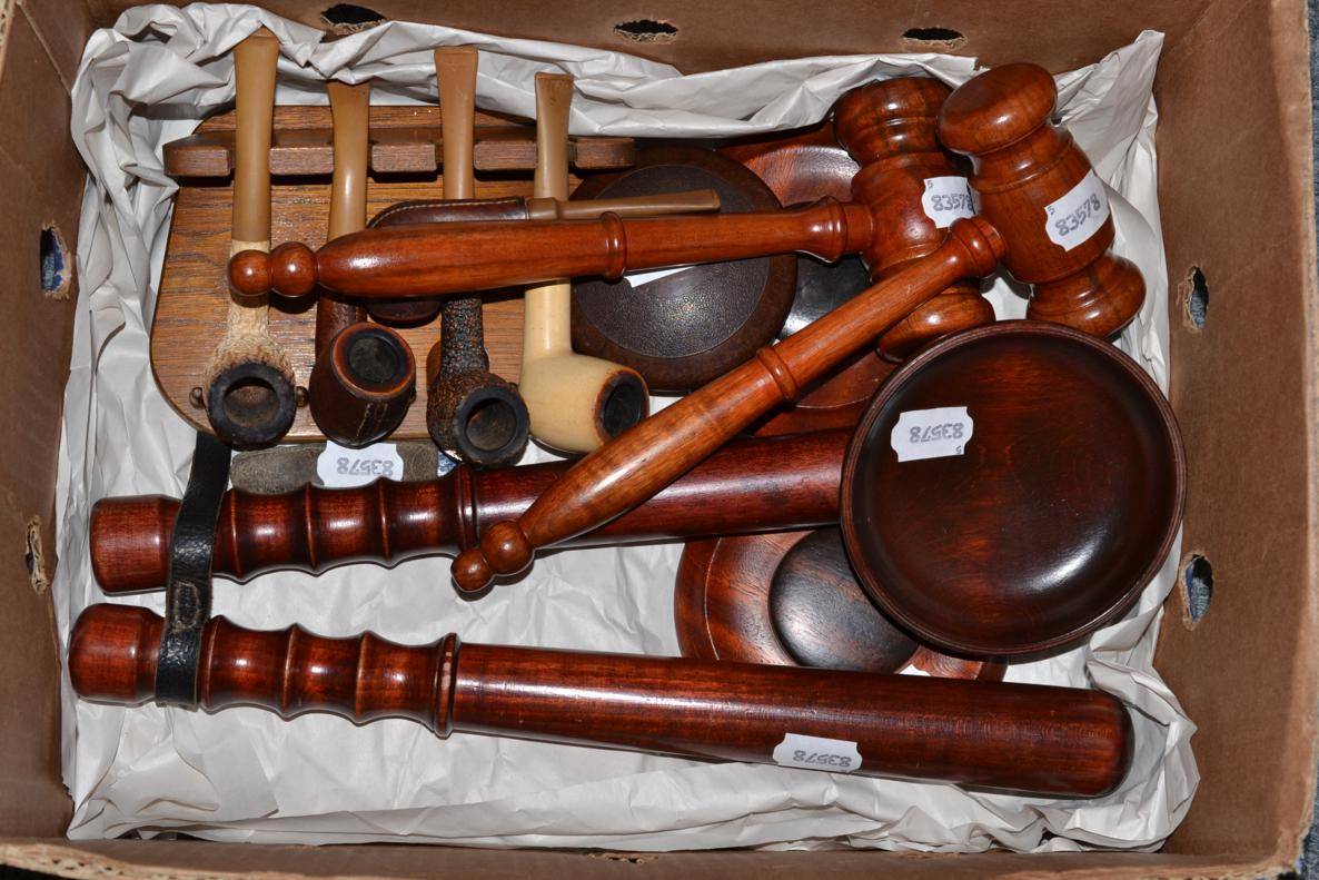 Lot 127 - Two gavels and blocks, turned wood truncheon and fine collecting bowl and a small collection of...