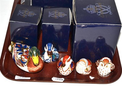 Lot 134 - Five Royal Crown Derby paperweights, including Mallard, Owlet, Teal Duckling and two others (boxed)