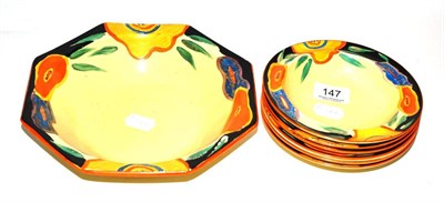 Lot 147 - A Clarice Cliff Garland pattern dessert set, comprising a large octagonal bowl and six small...