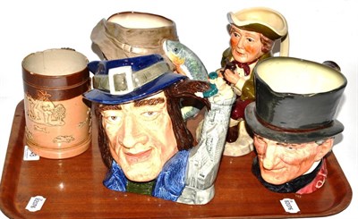 Lot 148 - Three Royal Doulton character jugs, a Tony Wood Toby jug and a Royal Doulton Sprigware mug