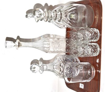 Lot 155 - A pair of triple ring neck decanters, two others, a set of six tumblers and other glass