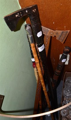 Lot 192 - A WWII German prisoner of war carved walking stick, two Polish shepherds' axes, a silver...