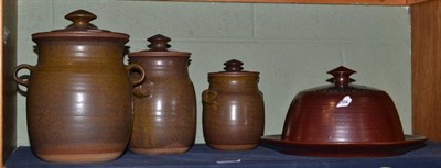 Lot 202 - David Lloyd Jones, a graduated set of three Studio Pottery mottled glaze stoneware jars and covers