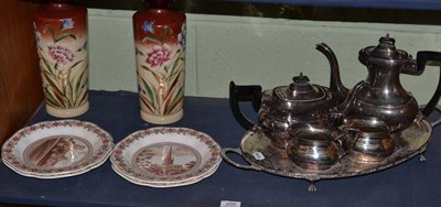 Lot 205 - Four Wedgwood L.N.E.R series plates, silver plated teapot, coffee pot, milk jug, sugar bowl, a pair