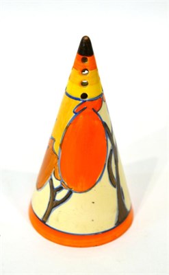 Lot 214 - A Clarice Cliff Bizarre Orange Autumn pattern conical sugar sifter, printed factory marks, 14cm