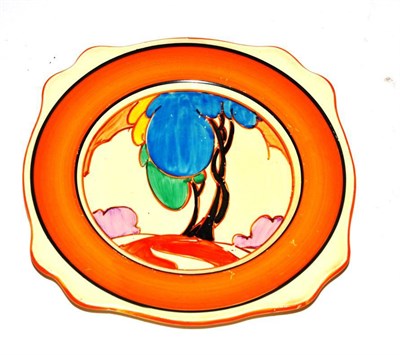 Lot 218 - A Clarice Cliff Bizarre Blue Autumn pattern side plate, printed and impressed marks, 17cm diameter