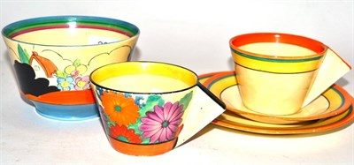 Lot 224 - A Clarice Cliff Bizarre Applique Idyll pattern sugar bowl, printed factory marks, 8cm (restored); a