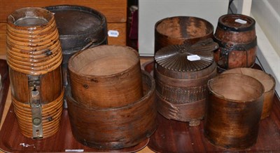 Lot 257 - A group of bamboo measures, canisters and small kegs