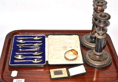 Lot 288 - A ladies 9ct gold wristwatch, a silver medal, a cased set of silver teaspoons with matching...