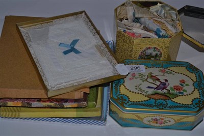 Lot 296 - A group of circa 1930/50s and later embroidered and printed handkerchiefs in two tins and six...