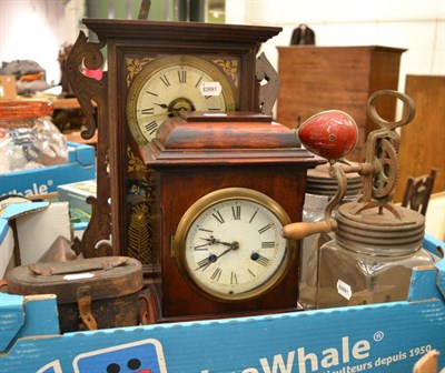 Lot 303 - An American shelf clock, a mahogany mantel clock, a tie press, a plated travelling dressing...