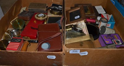 Lot 306 - A brass compass, photographic items and watch parts (in two boxes)