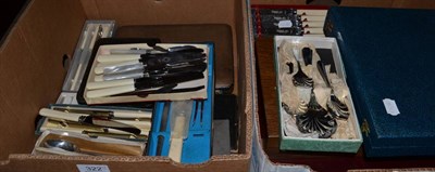 Lot 322 - Silver handled tea knives and a quantity of plated cutlery, much in cases (in two boxes)