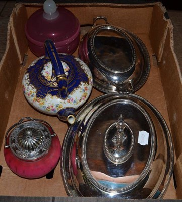 Lot 328 - An Imari teapot, a Victorian cranberry glass jar and cover, silver plate etc