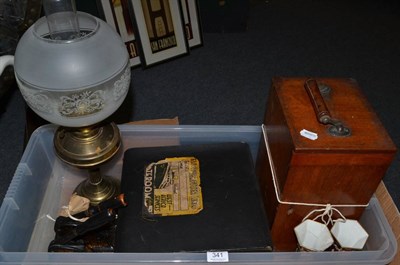 Lot 341 - An oil lamp, microscope, typewriter, two Royal Crown Derby vases (a.f.) and two punches