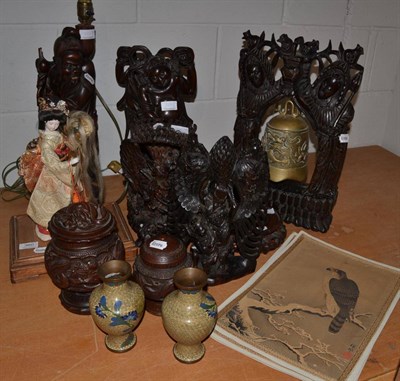 Lot 360 - A group of Oriental items including a carved wooden figural table lamp, pair of cloisonne...