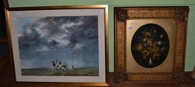 Lot 402 - A still life oil and a watercolour depicting a man ploughing a field (2)