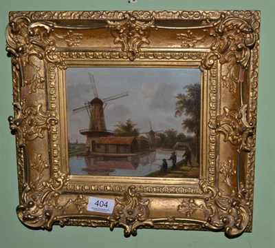 Lot 404 - Oil on board, figures fishing by a windmill