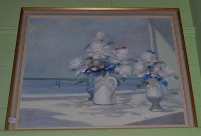 Lot 405 - Les Bullene, still life white flowers on a ledge, oil on canvas