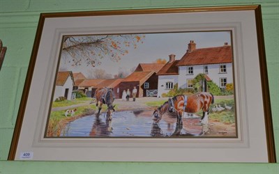 Lot 409 - A M Alderson, a watercolour of figures and shire horses before a pond in Bishop Burton