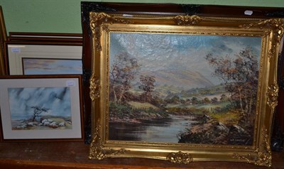 Lot 417 - John Corcoran, river landscape, oil on canvas, three framed watercolours and two framed prints (6)