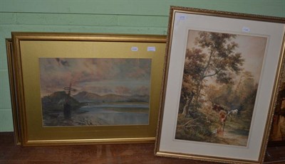 Lot 419 - F Mercer, Ship in cove, watercolour, together with another watercolour, cattle watering and a print