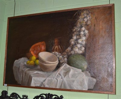 Lot 425 - Continental School (mid 20th century) A still life of a plate of lemons, bowls, an earthenware jug